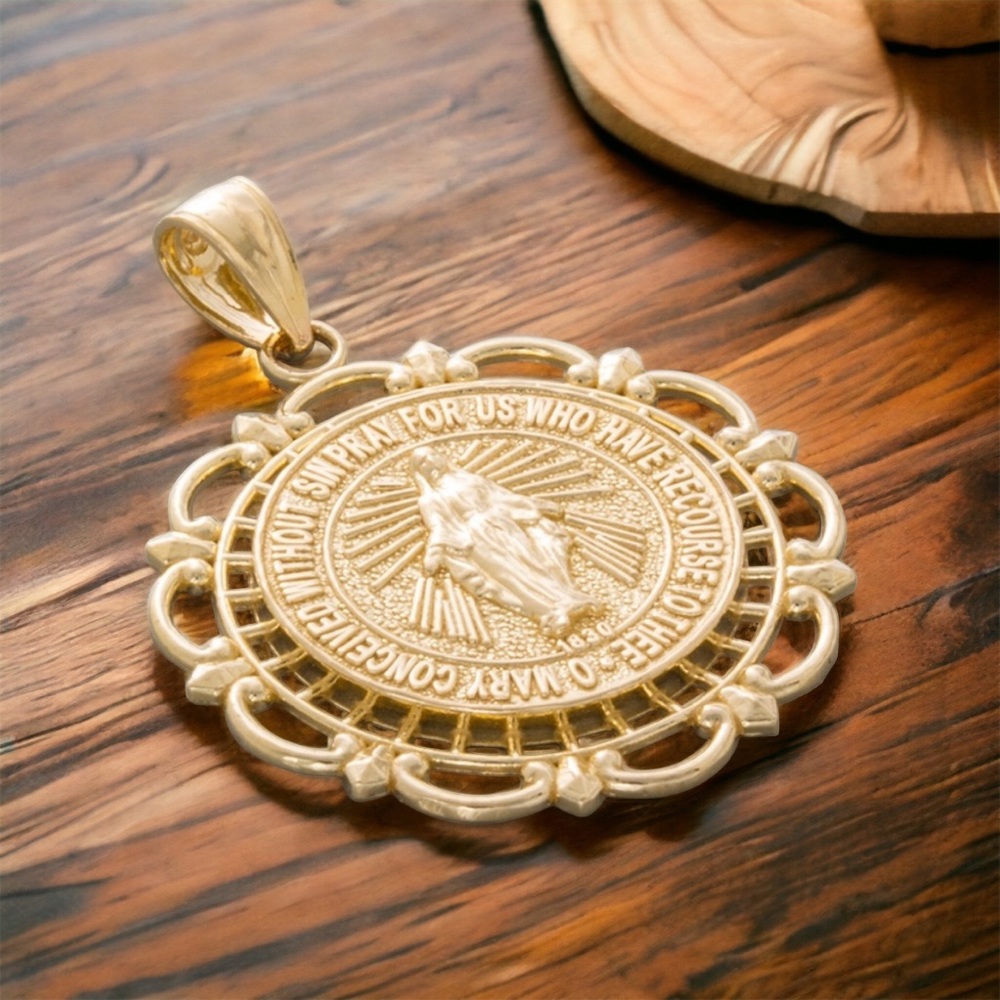 14k Yellow Gold Miraculous Medal, Scallop Frame Necklace Charm Pendant unisex